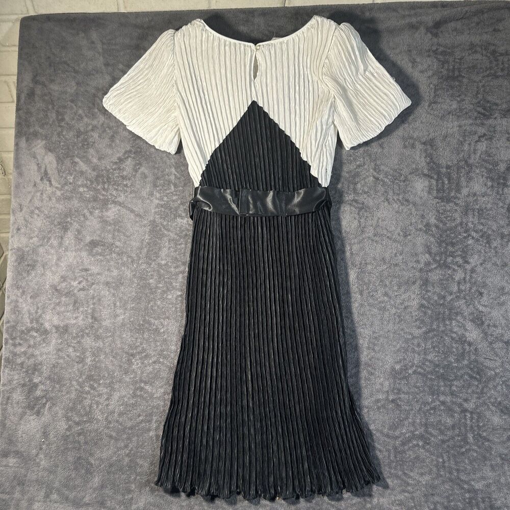 Edith Flagg VTG Pleated MIDI Dress S Black White Puff Sleeve Sequin Flapper Coco - Picture 9 of 12